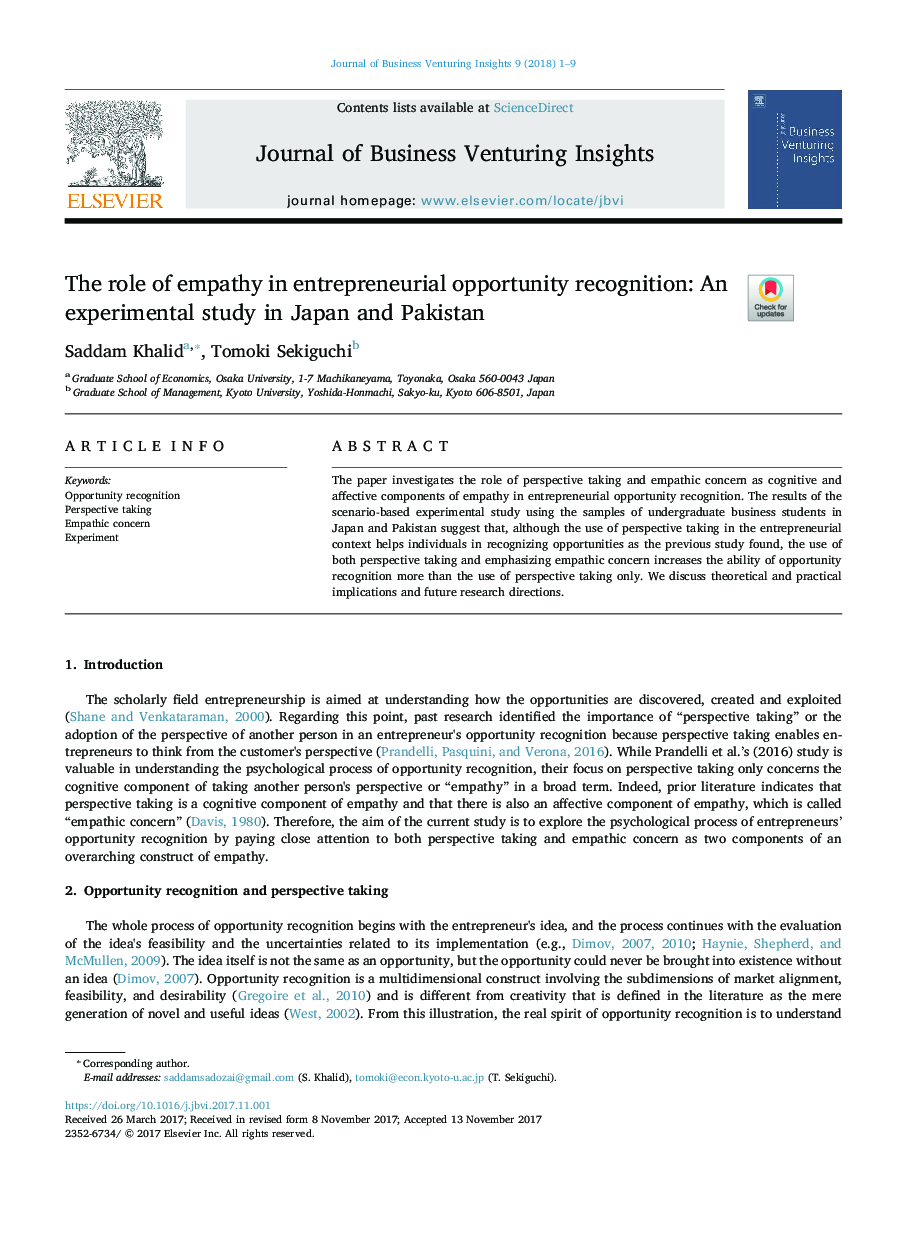 The role of empathy in entrepreneurial opportunity recognition: An experimental study in Japan and Pakistan