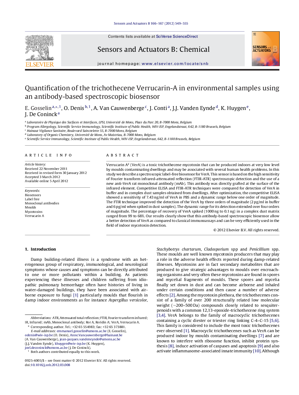 Quantification of the trichothecene Verrucarin-A in environmental samples using an antibody-based spectroscopic biosensor