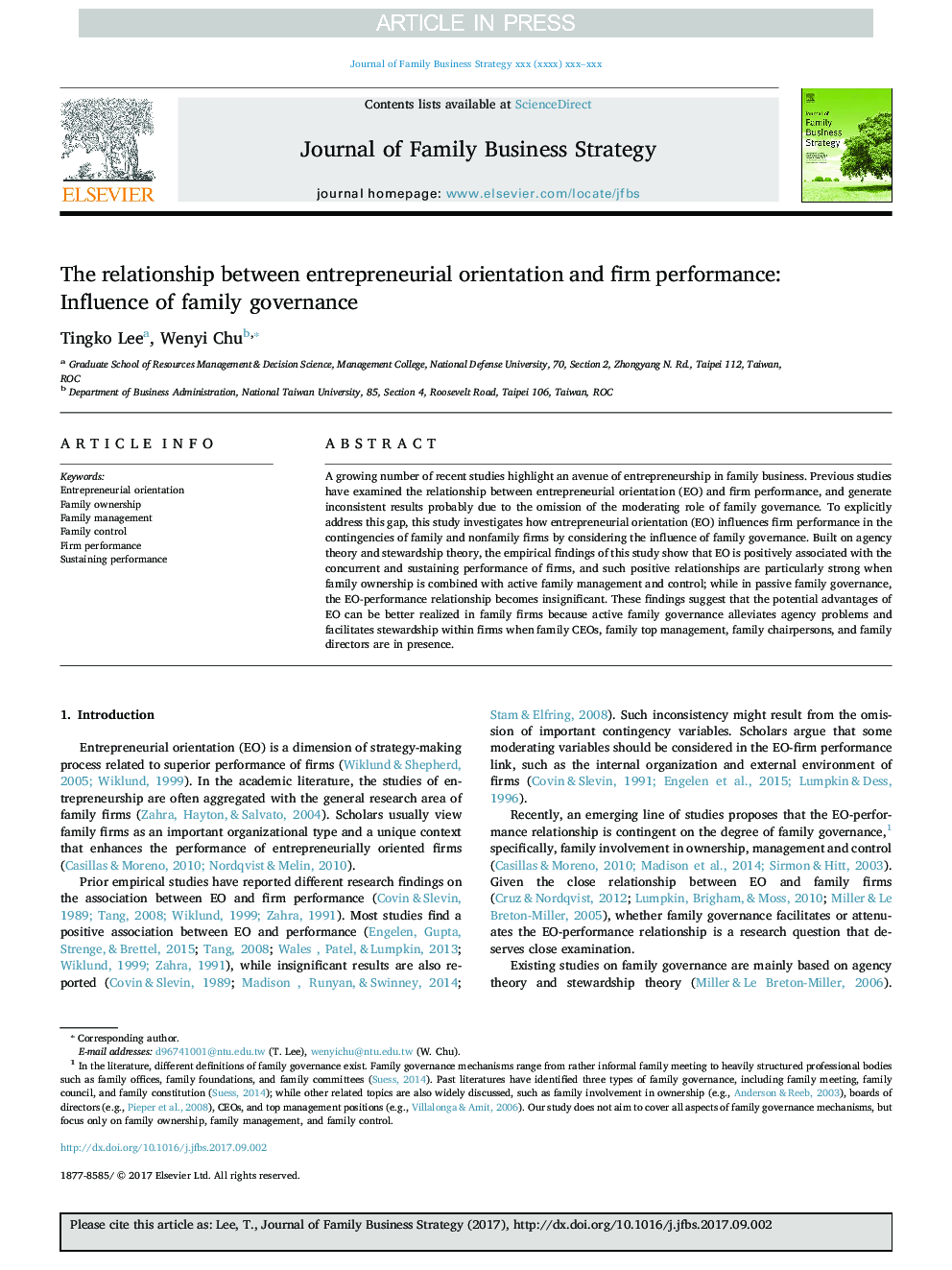 The relationship between entrepreneurial orientation and firm performance: Influence of family governance