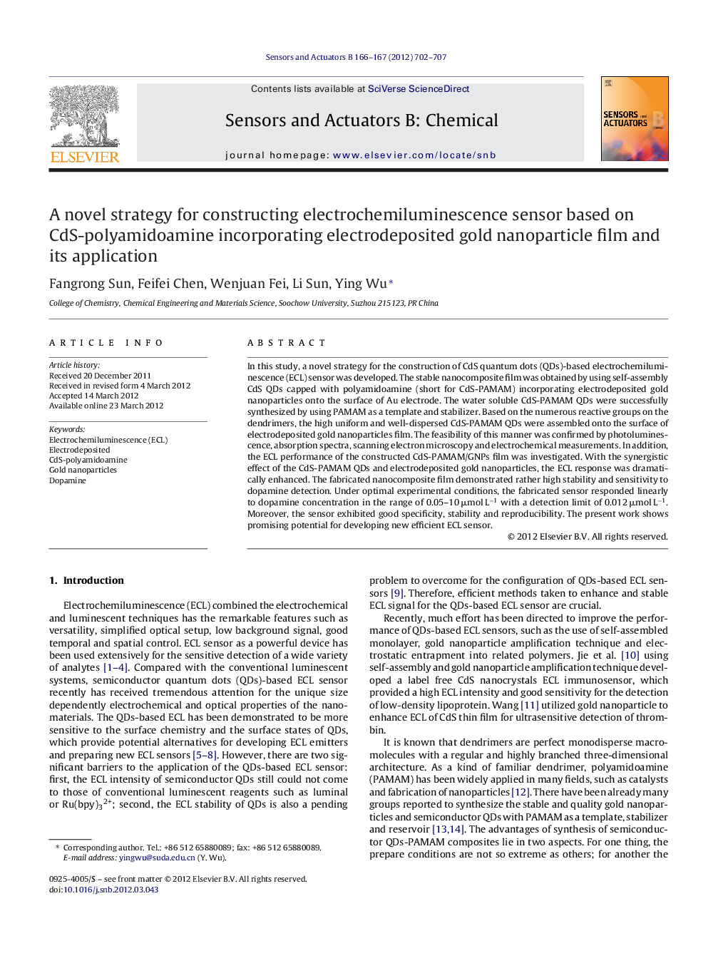 A novel strategy for constructing electrochemiluminescence sensor based on CdS-polyamidoamine incorporating electrodeposited gold nanoparticle film and its application