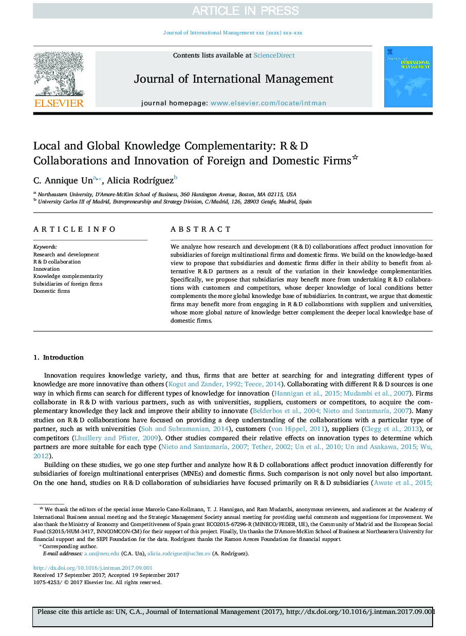 Local and Global Knowledge Complementarity: R&D Collaborations and Innovation of Foreign and Domestic Firms