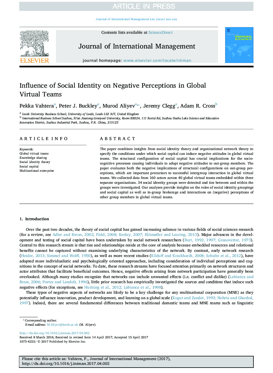 Influence of Social Identity on Negative Perceptions in Global Virtual Teams