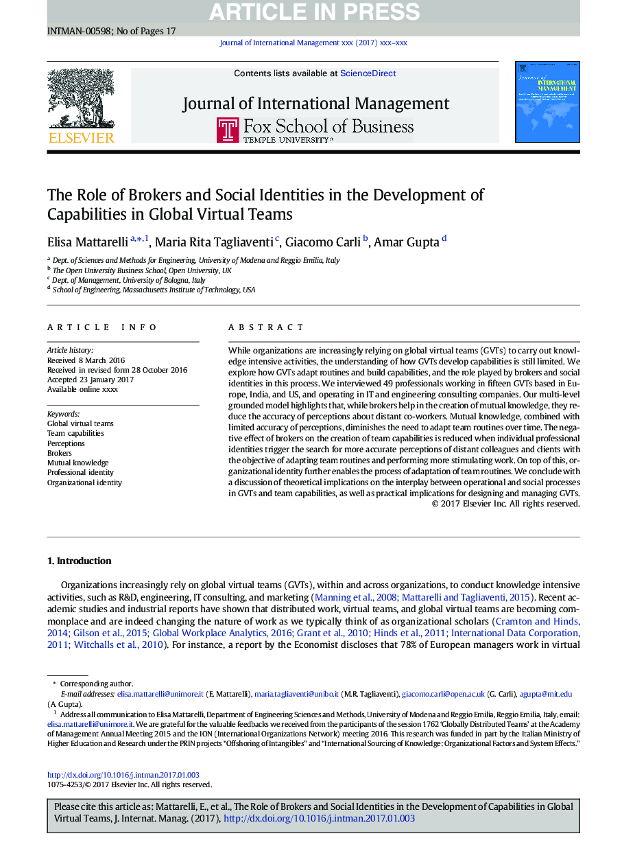 The Role of Brokers and Social Identities in the Development of Capabilities in Global Virtual Teams