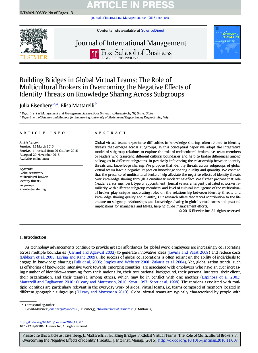 Building Bridges in Global Virtual Teams: The Role of Multicultural Brokers in Overcoming the Negative Effects of Identity Threats on Knowledge Sharing Across Subgroups