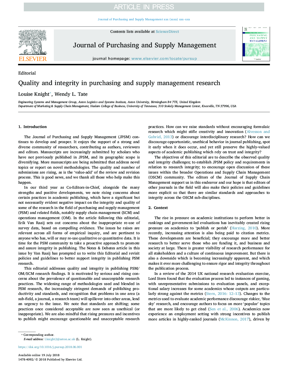 Quality and integrity in purchasing and supply management research