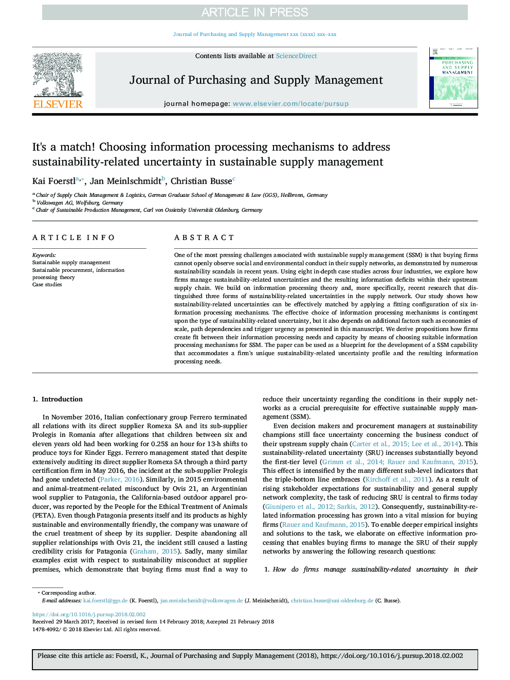 It's a match! Choosing information processing mechanisms to address sustainability-related uncertainty in sustainable supply management