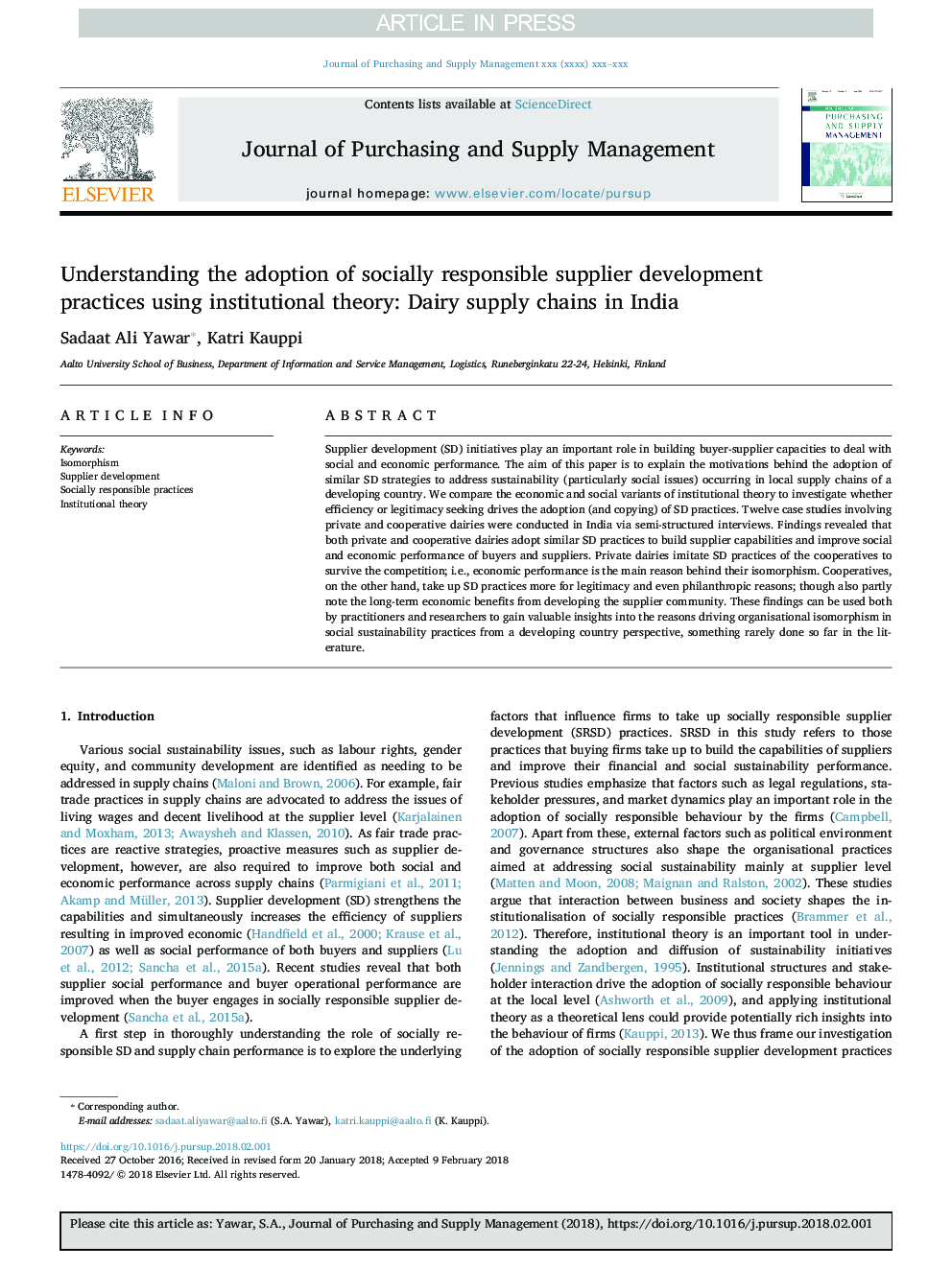 Understanding the adoption of socially responsible supplier development practices using institutional theory: Dairy supply chains in India