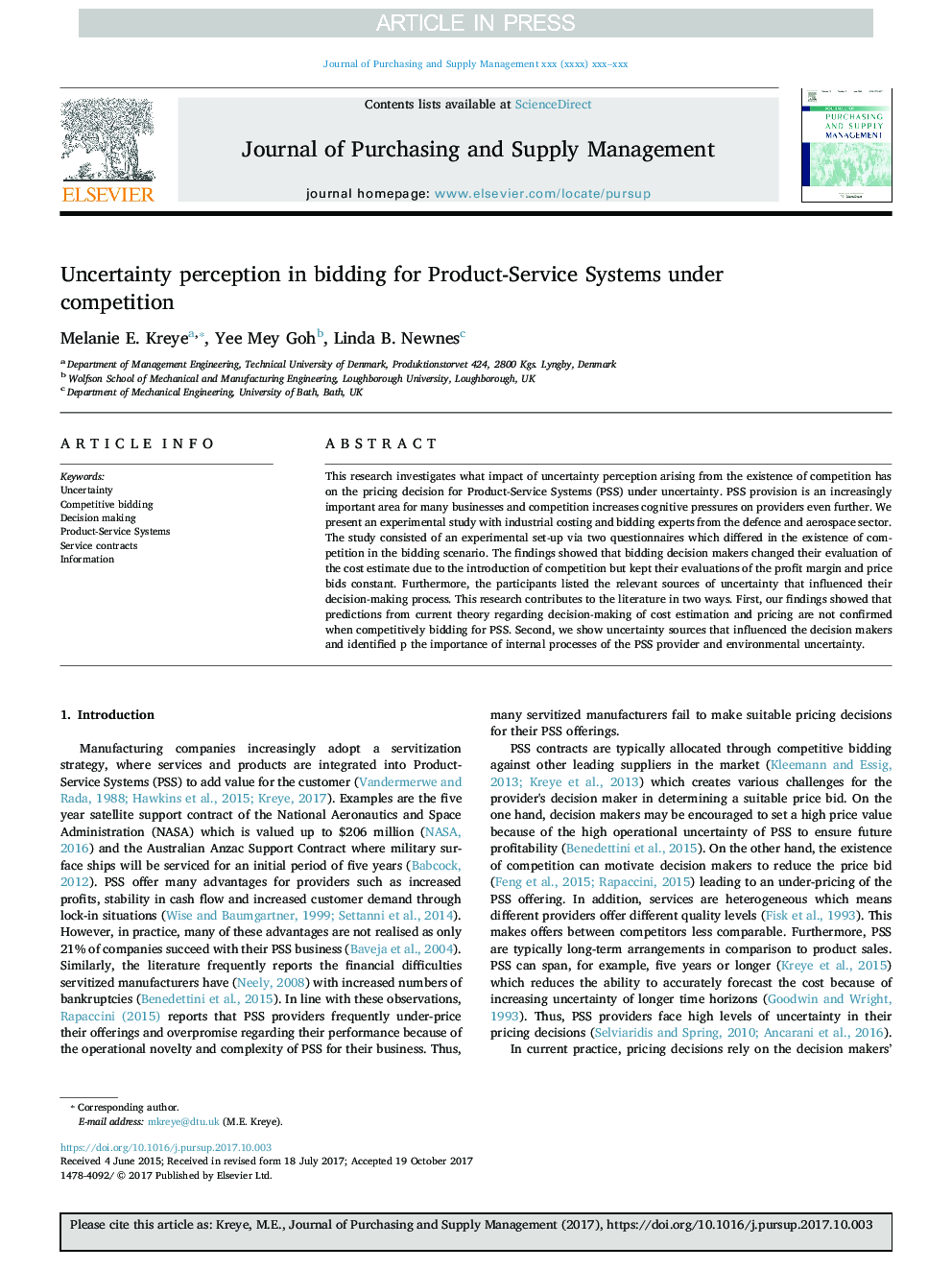 Uncertainty perception in bidding for Product-Service Systems under competition