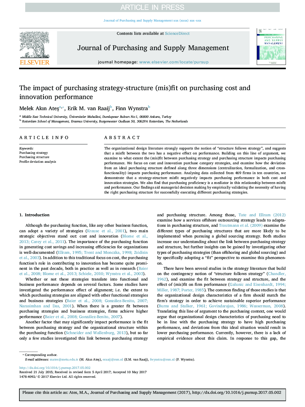 The impact of purchasing strategy-structure (mis)fit on purchasing cost and innovation performance