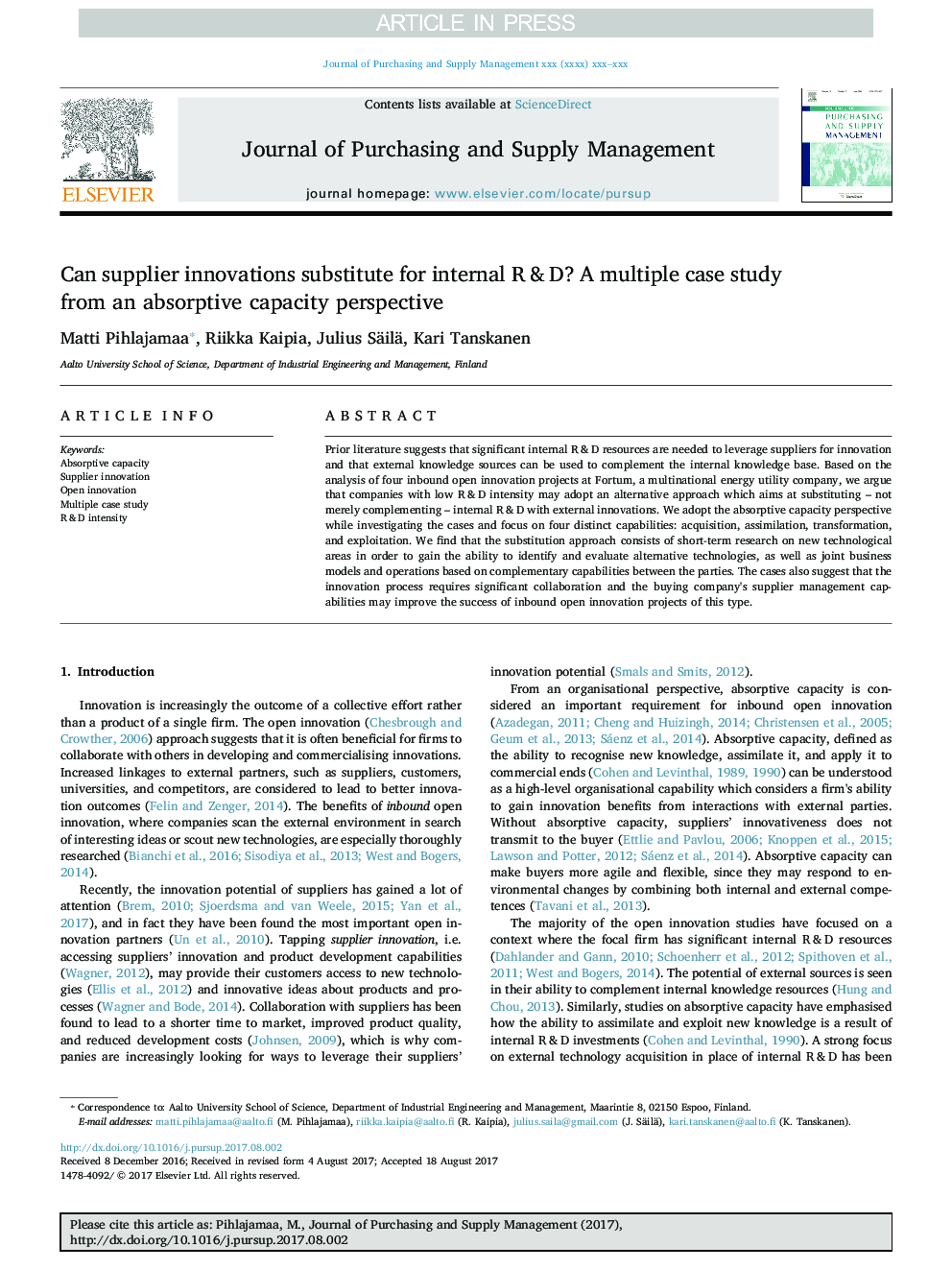 Can supplier innovations substitute for internal R&D? A multiple case study from an absorptive capacity perspective