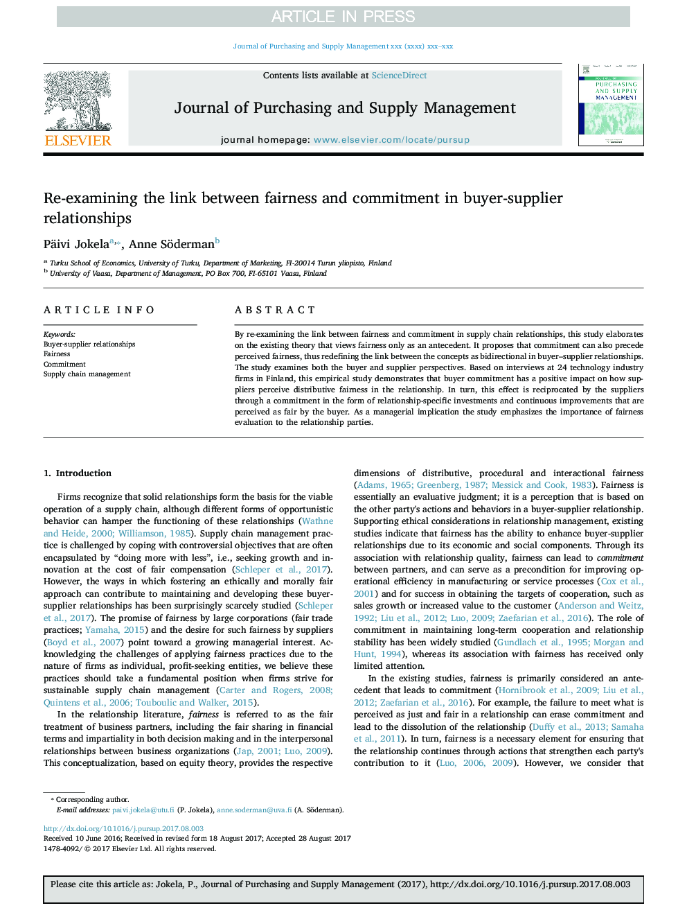 Re-examining the link between fairness and commitment in buyer-supplier relationships