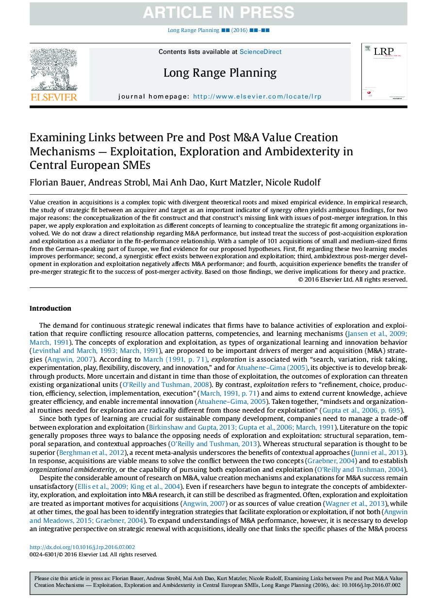 Examining Links between Pre and Post M&A Value Creation Mechanisms - Exploitation, Exploration and Ambidexterity in Central European SMEs