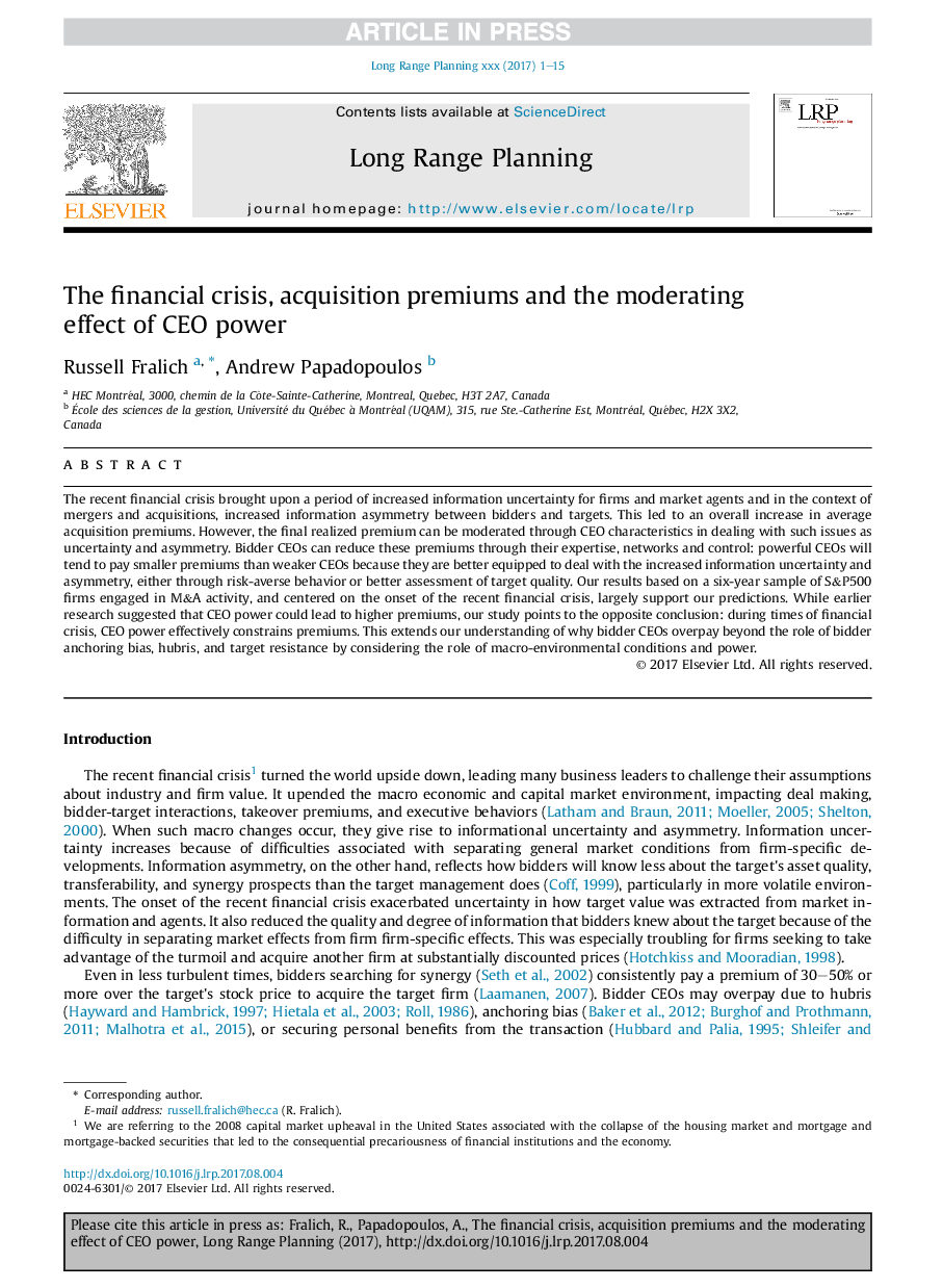 The financial crisis, acquisition premiums and the moderating effect of CEO power