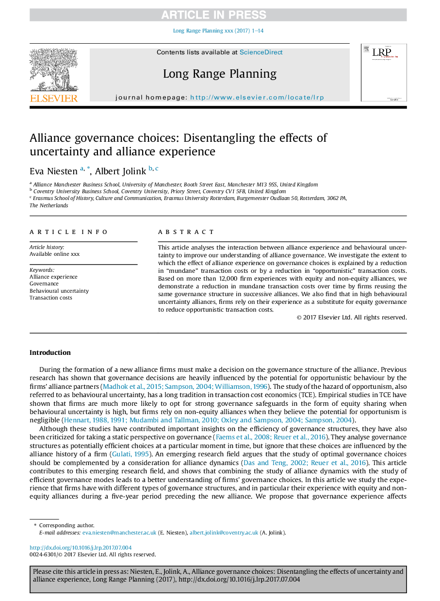 Alliance governance choices: Disentangling the effects of uncertainty and alliance experience