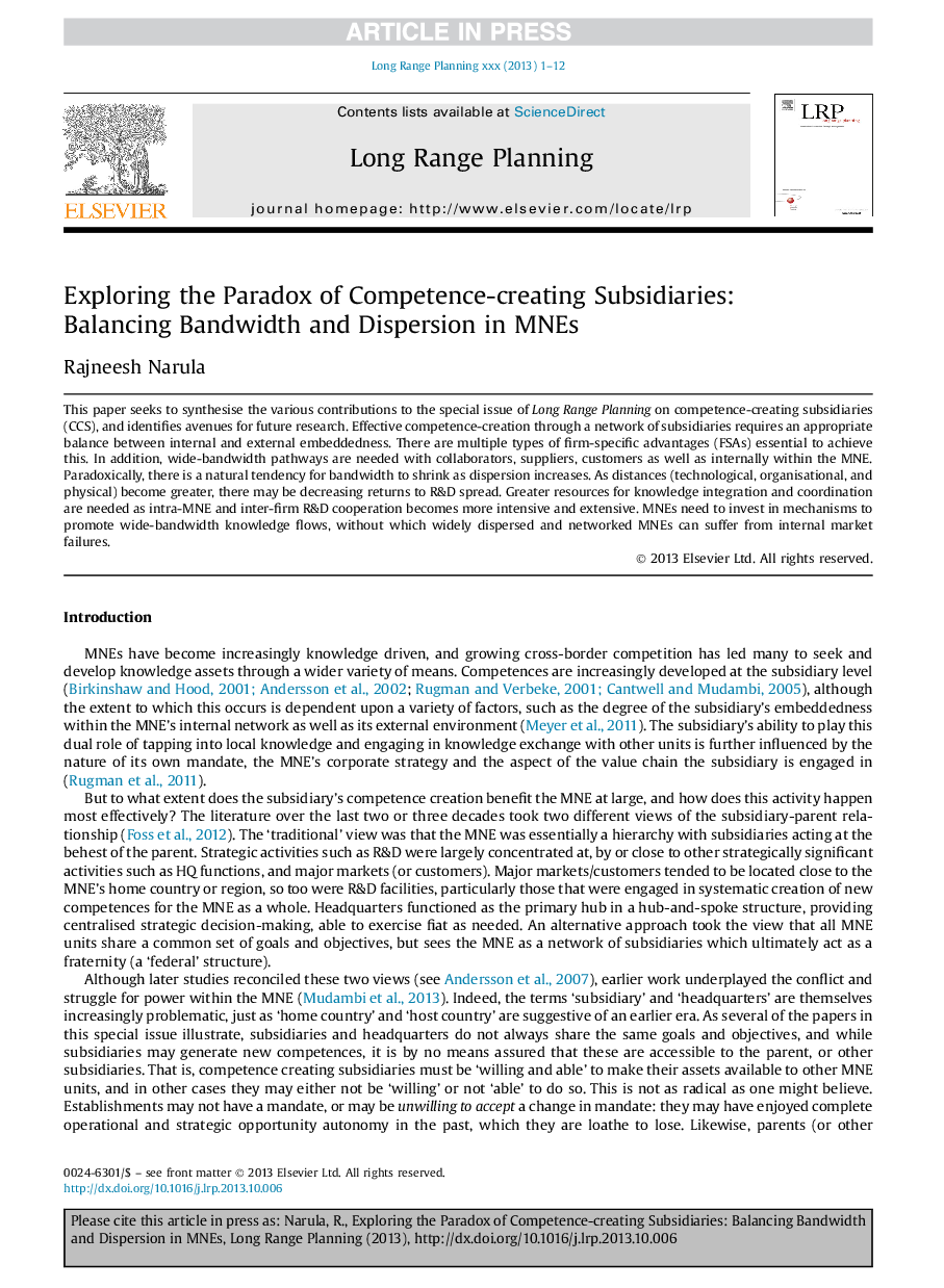 Exploring the Paradox of Competence-creating Subsidiaries: Balancing Bandwidth and Dispersion in MNEs