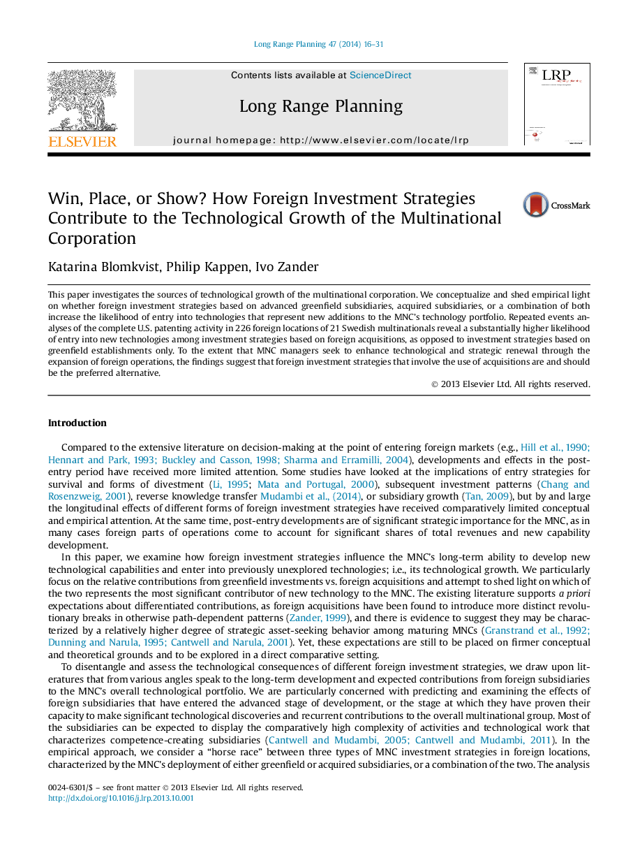 Win, Place, or Show? How Foreign Investment Strategies Contribute to the Technological Growth of the Multinational Corporation