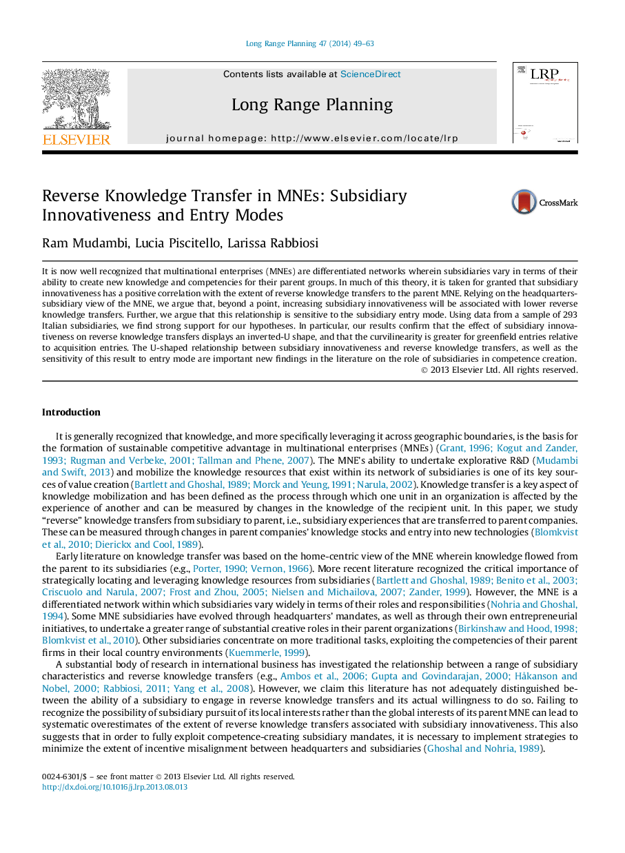 Reverse Knowledge Transfer in MNEs: Subsidiary Innovativeness andÂ Entry Modes