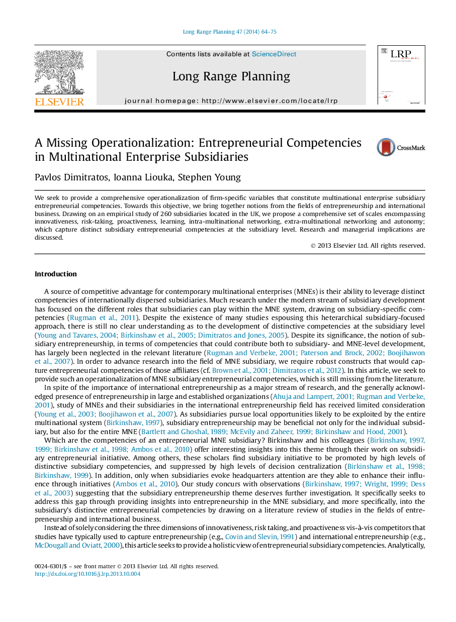 A Missing Operationalization: Entrepreneurial Competencies in Multinational Enterprise Subsidiaries