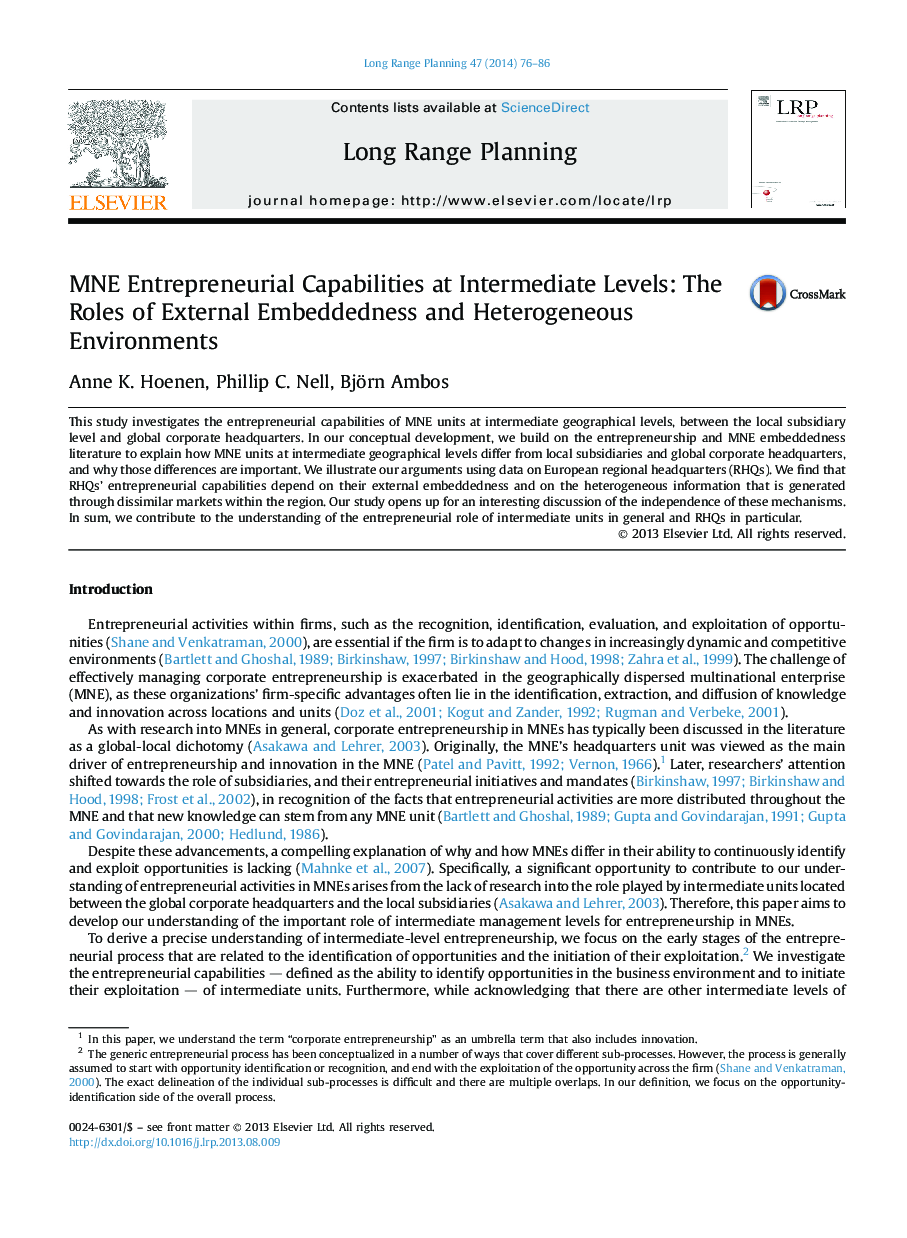 MNE Entrepreneurial Capabilities at Intermediate Levels: The Roles of External Embeddedness and Heterogeneous Environments