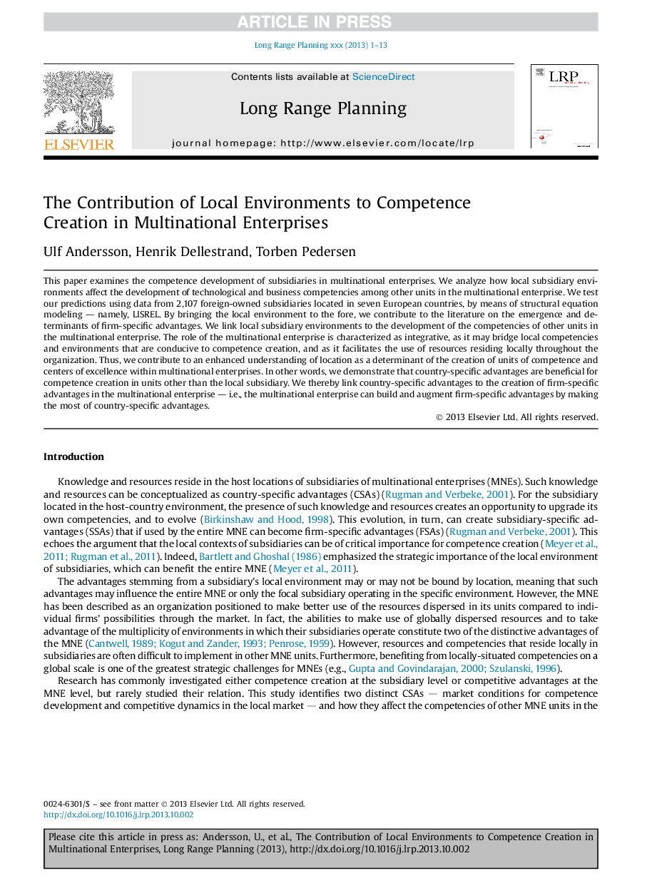 The Contribution of Local Environments to Competence Creation in Multinational Enterprises