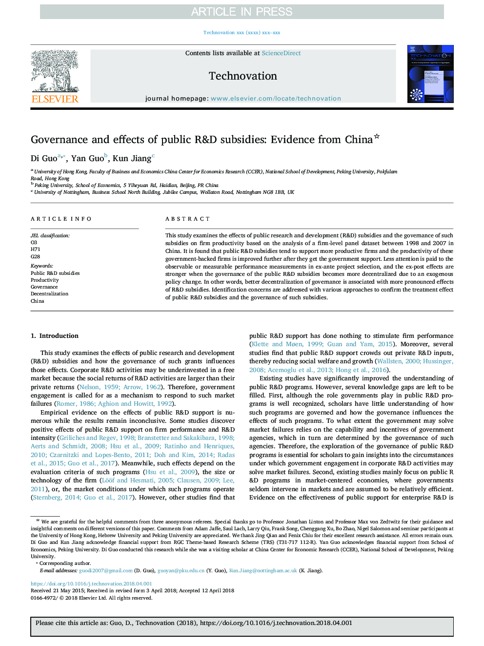 Governance and effects of public R&D subsidies: Evidence from China