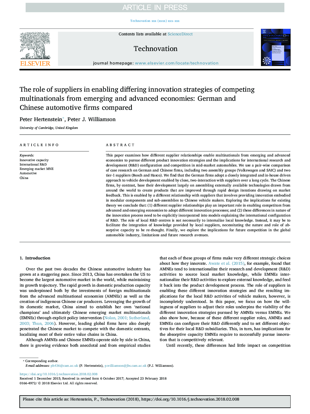 The role of suppliers in enabling differing innovation strategies of competing multinationals from emerging and advanced economies: German and Chinese automotive firms compared