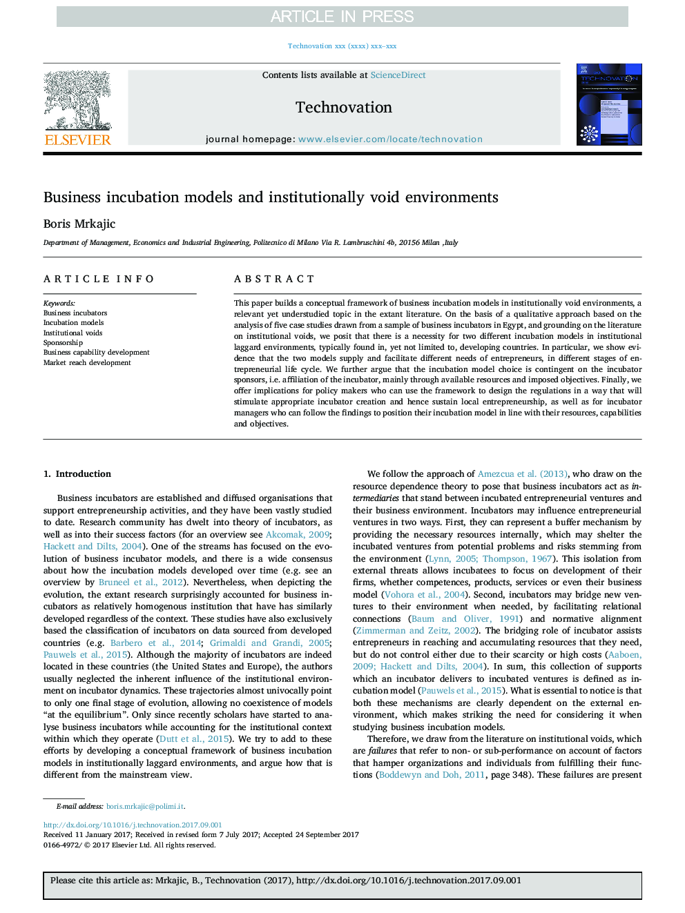 Business incubation models and institutionally void environments