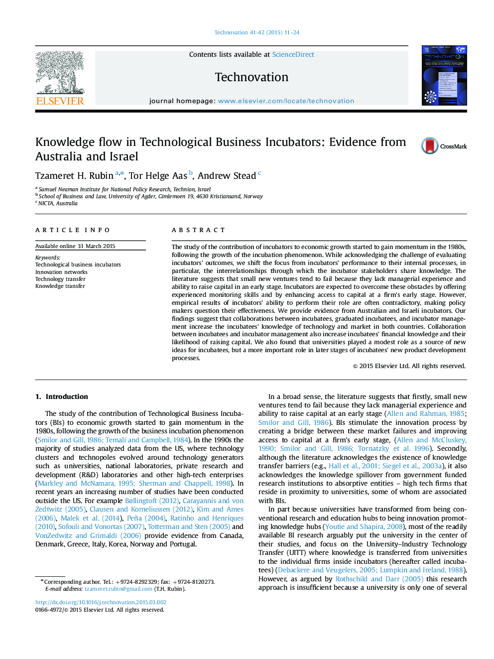 Knowledge flow in Technological Business Incubators: Evidence from Australia and Israel