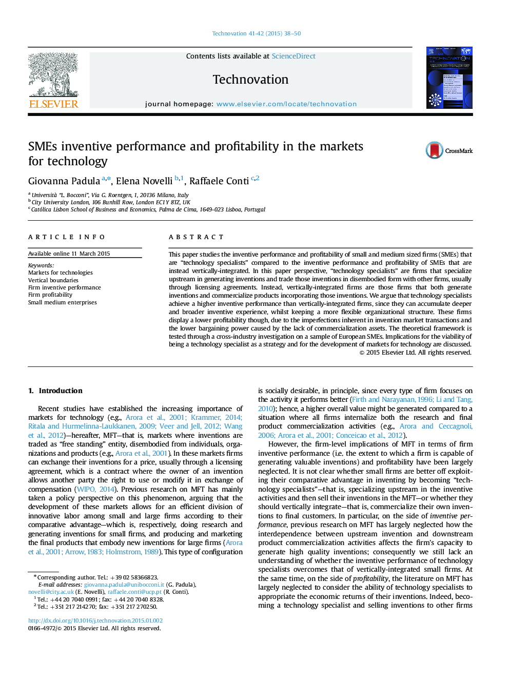 SMEs inventive performance and profitability in the markets for technology