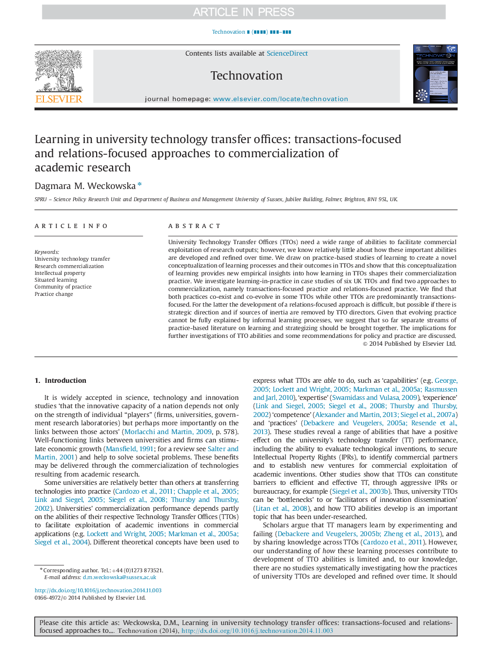 Learning in university technology transfer offices: transactions-focused and relations-focused approaches to commercialization of academic research