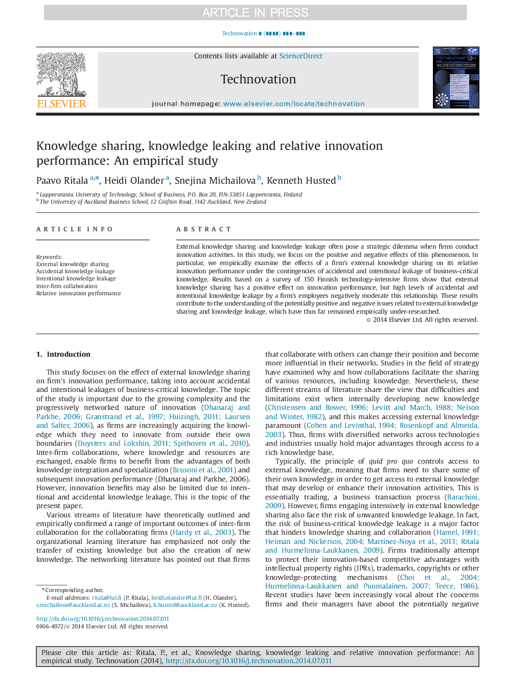 Knowledge sharing, knowledge leaking and relative innovation performance: An empirical study