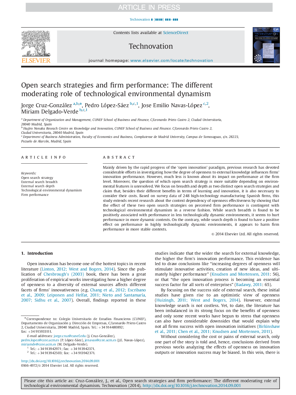 Open search strategies and firm performance: The different moderating role of technological environmental dynamism