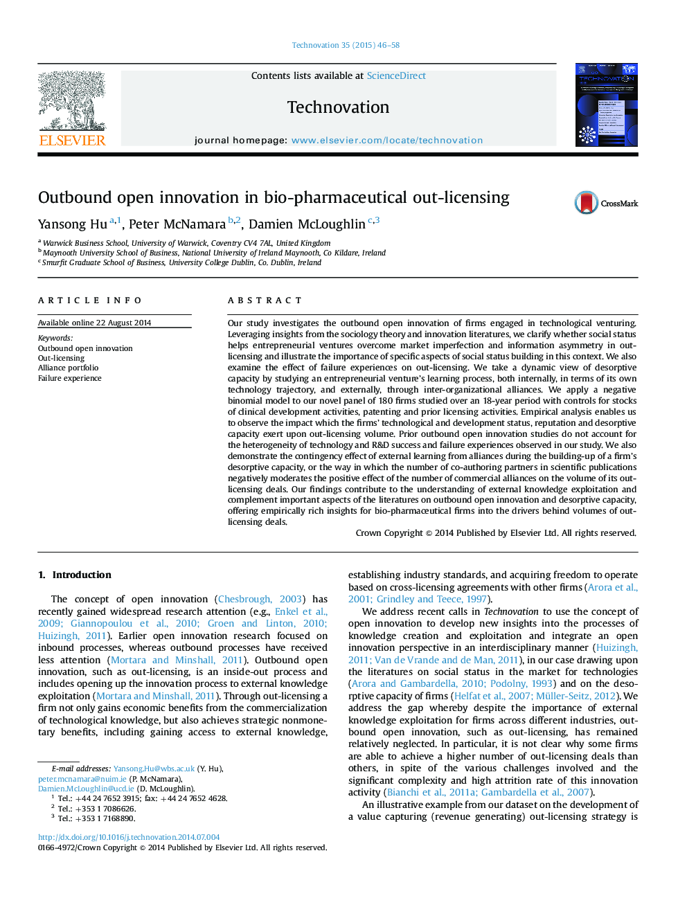 Outbound open innovation in bio-pharmaceutical out-licensing