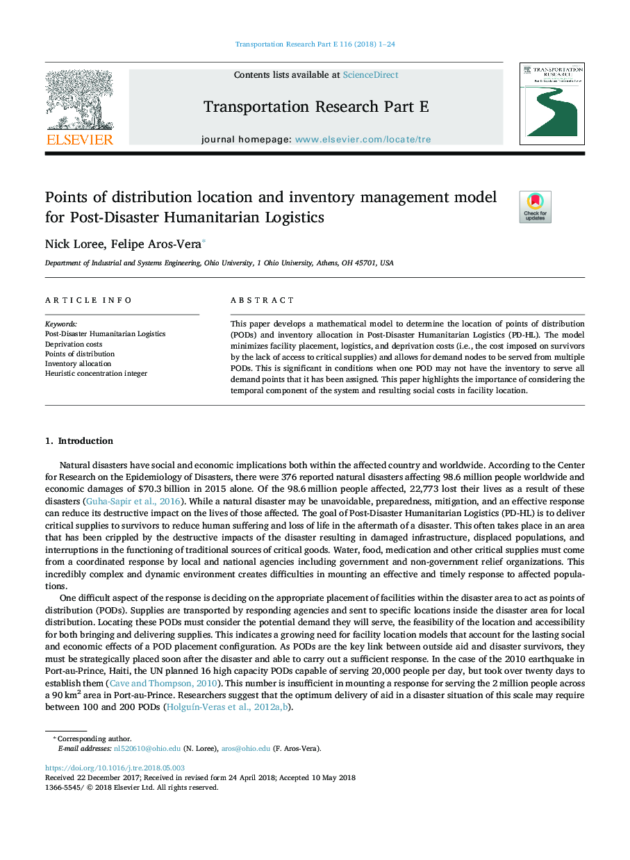 Points of distribution location and inventory management model for Post-Disaster Humanitarian Logistics