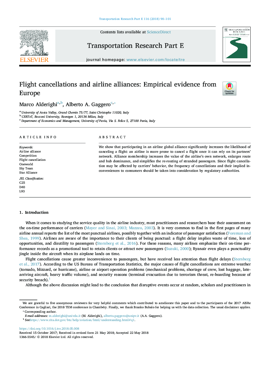 Flight cancellations and airline alliances: Empirical evidence from Europe