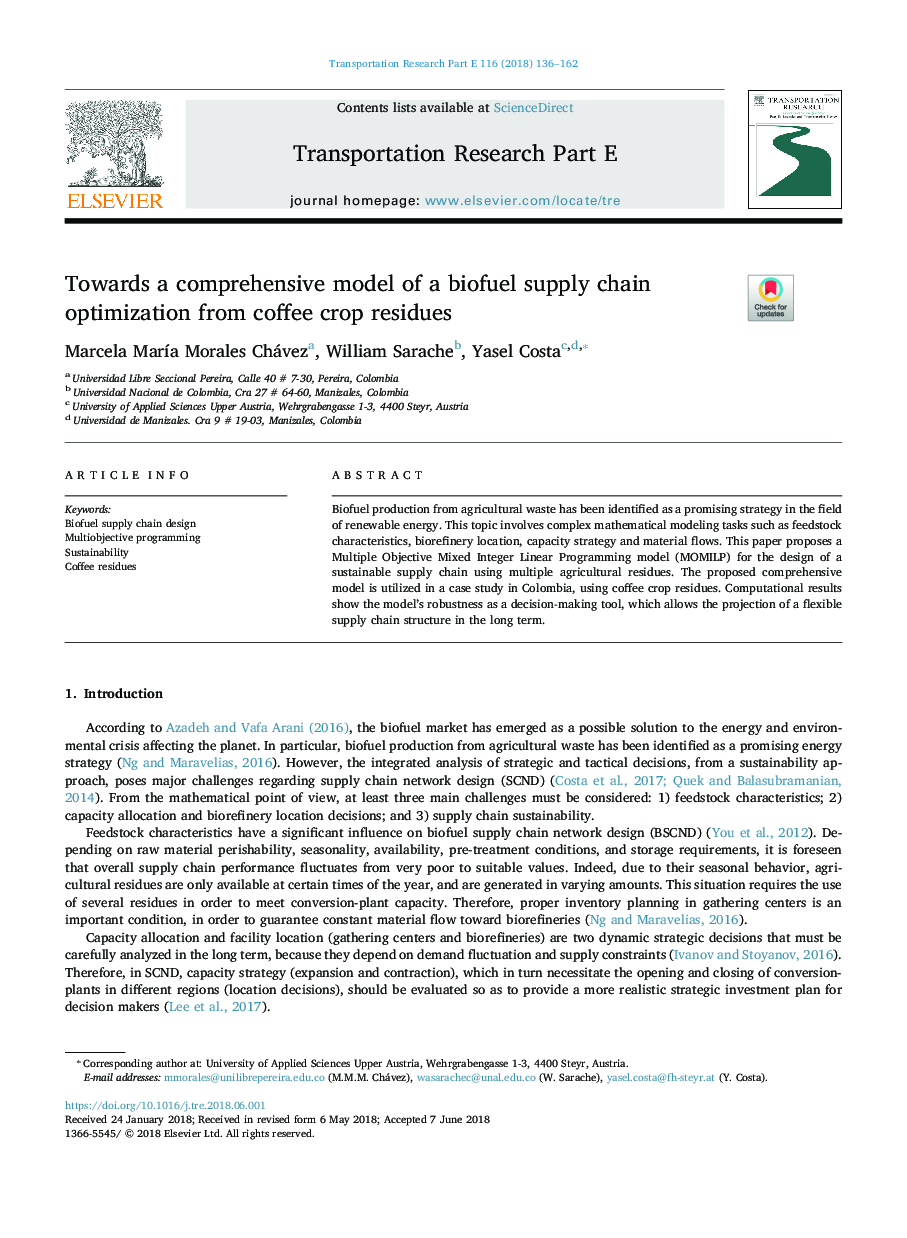 Towards a comprehensive model of a biofuel supply chain optimization from coffee crop residues