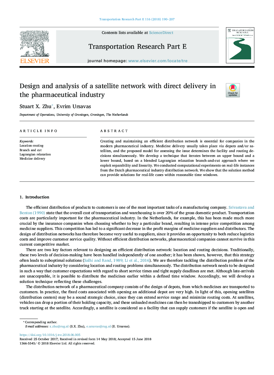 Design and analysis of a satellite network with direct delivery in the pharmaceutical industry