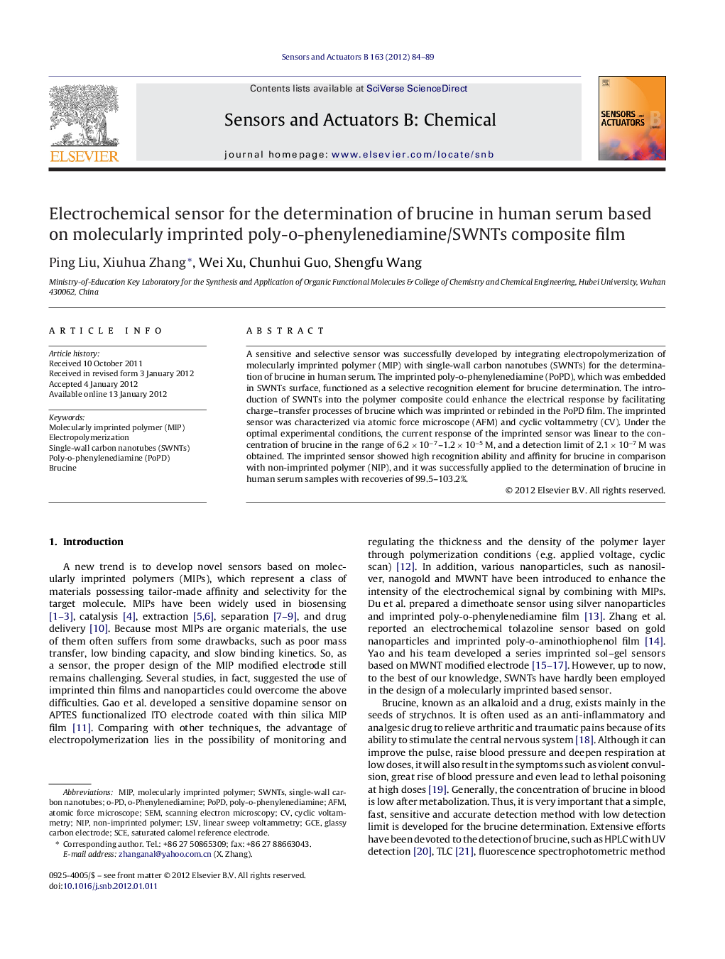 Electrochemical sensor for the determination of brucine in human serum based on molecularly imprinted poly-o-phenylenediamine/SWNTs composite film