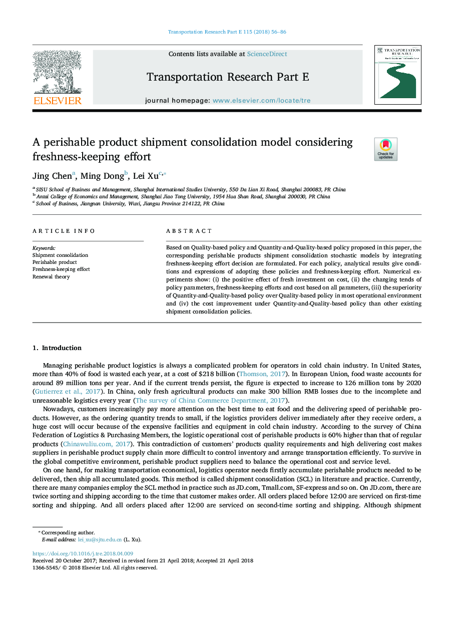 A perishable product shipment consolidation model considering freshness-keeping effort