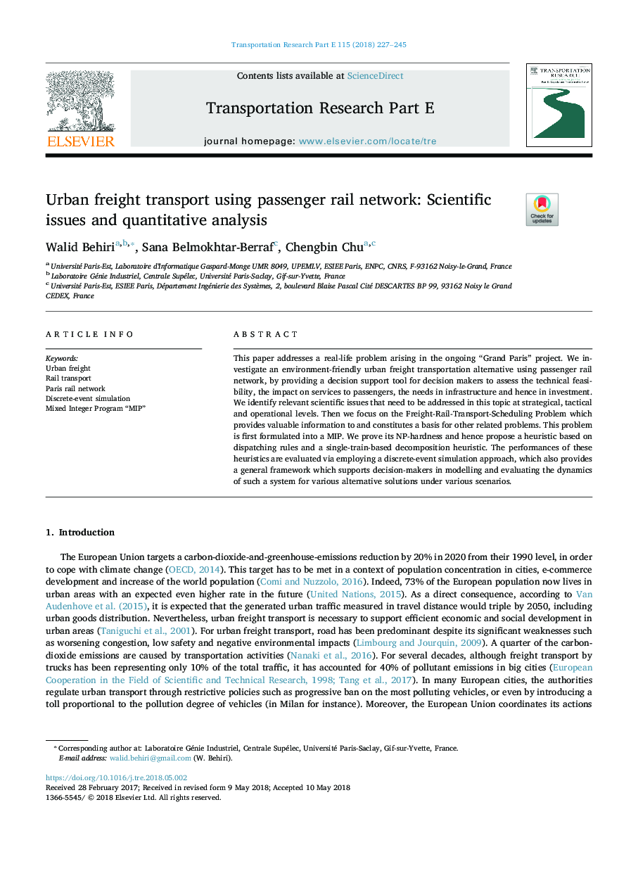 Urban freight transport using passenger rail network: Scientific issues and quantitative analysis