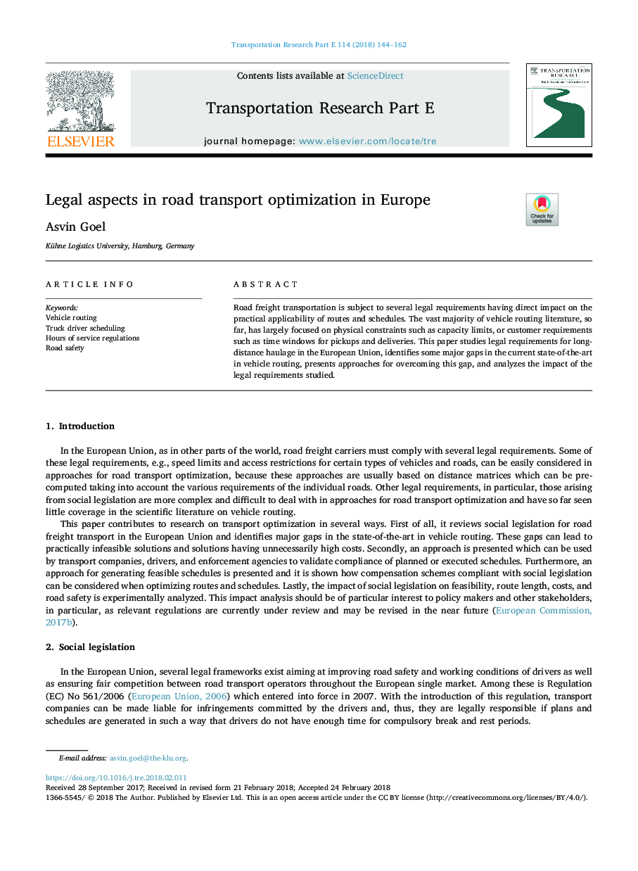 Legal aspects in road transport optimization in Europe