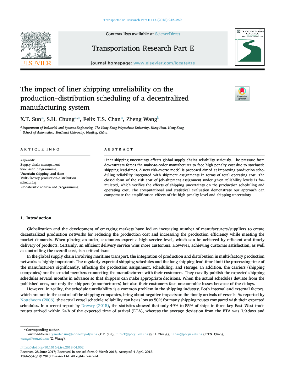 The impact of liner shipping unreliability on the production-distribution scheduling of a decentralized manufacturing system