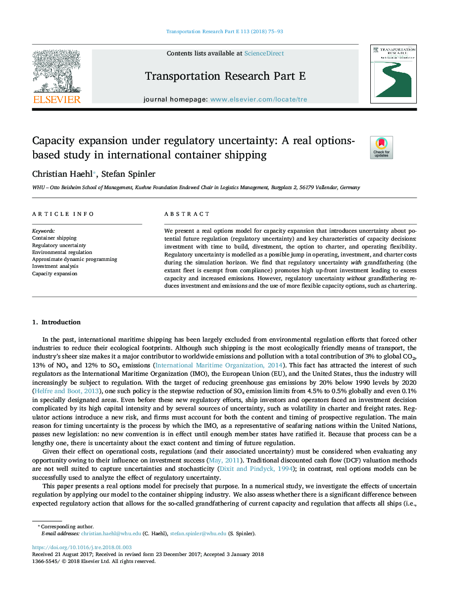 Capacity expansion under regulatory uncertainty:Â A real options-based study in international container shipping