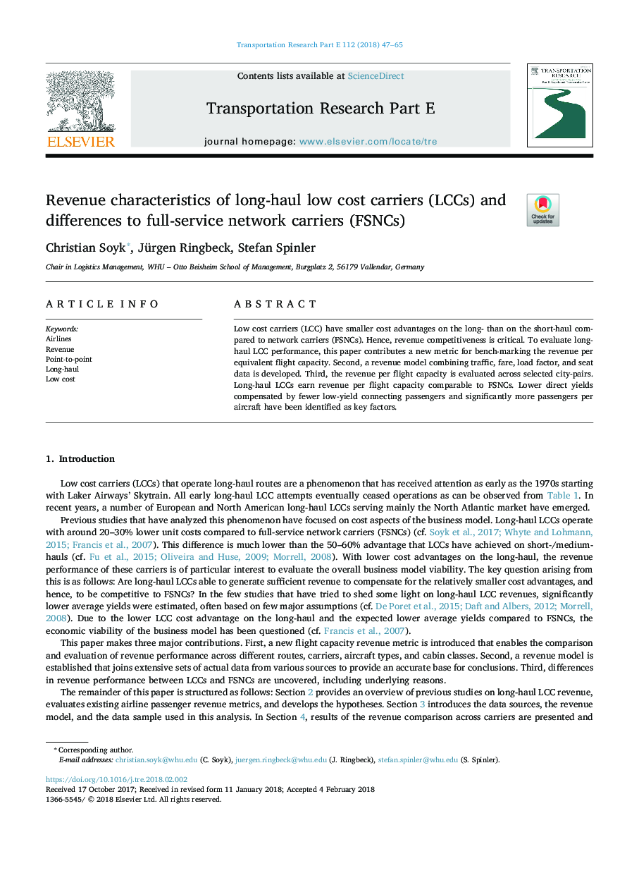 Revenue characteristics of long-haul low cost carriers (LCCs) and differences to full-service network carriers (FSNCs)