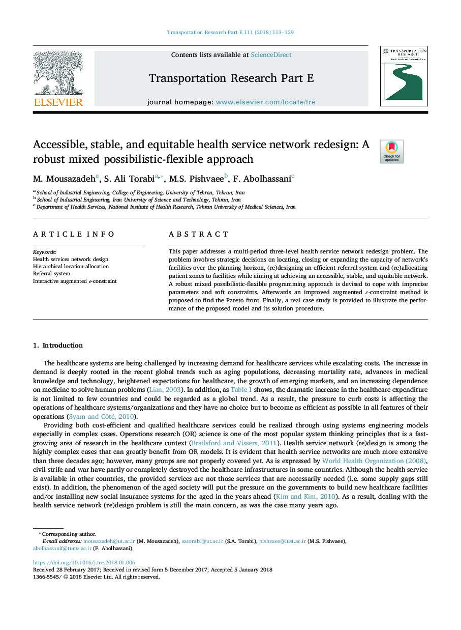 Accessible, stable, and equitable health service network redesign: A robust mixed possibilistic-flexible approach