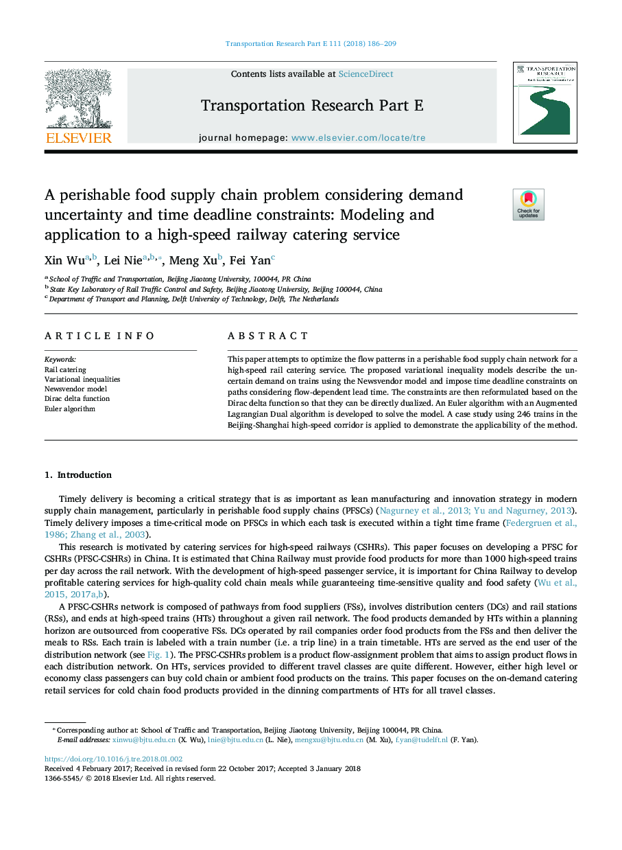 A perishable food supply chain problem considering demand uncertainty and time deadline constraints: Modeling and application to a high-speed railway catering service