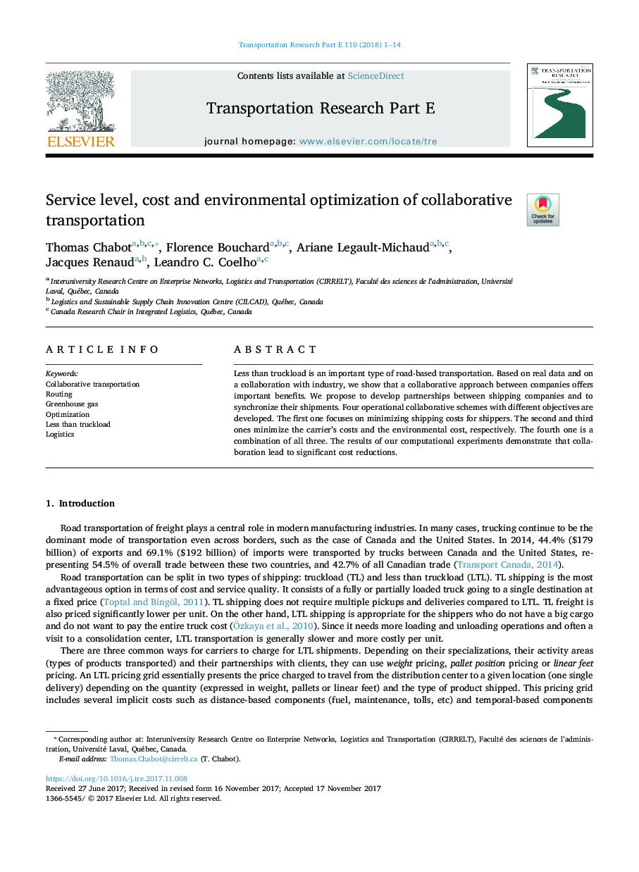 Service level, cost and environmental optimization of collaborative transportation