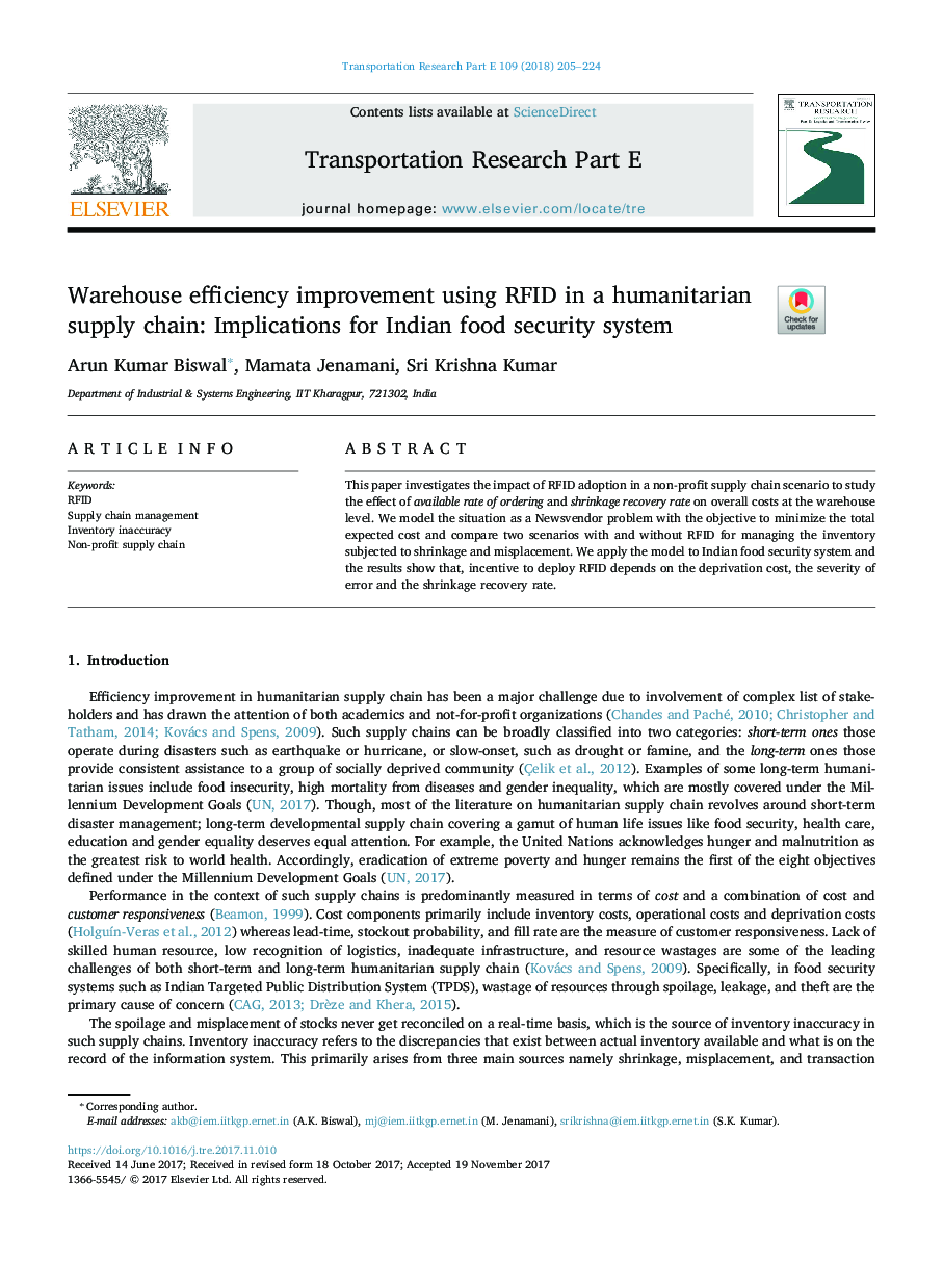 Warehouse efficiency improvement using RFID in a humanitarian supply chain: Implications for Indian food security system