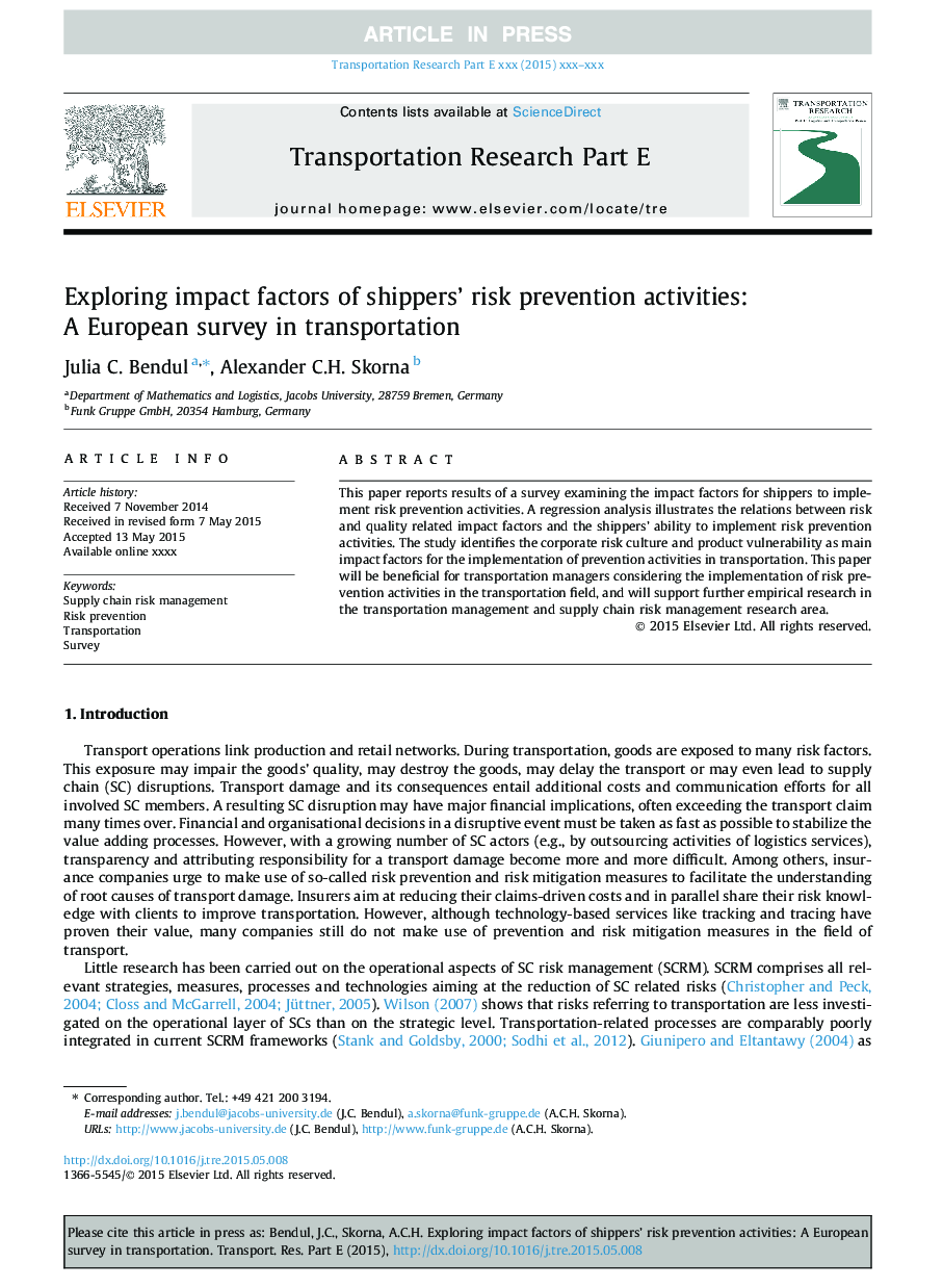 Exploring impact factors of shippers' risk prevention activities: A European survey in transportation