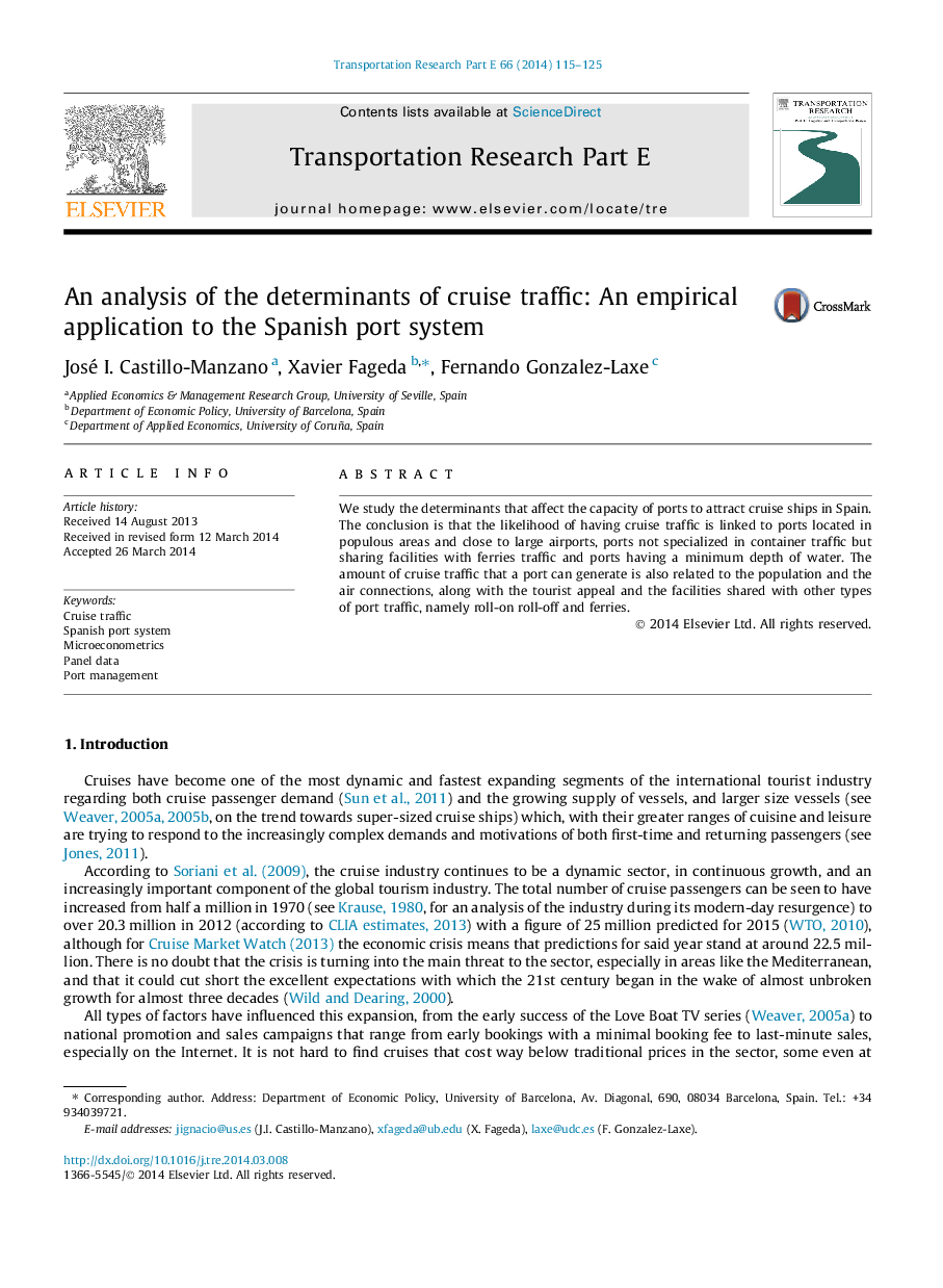 An analysis of the determinants of cruise traffic: An empirical application to the Spanish port system